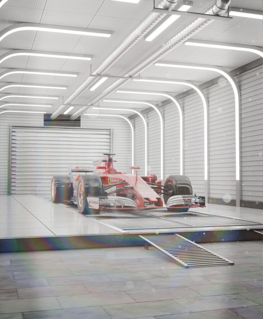 Sleek Red Formula One Car in Modern Garage Sleek Red Formula One Car in Modern Garage